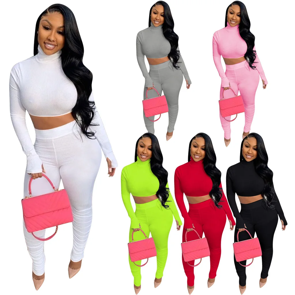 

B53747A Western women clothing set fashion pure color high neck t-shirt with pants, White/pink/gray/red/black/fluorescent green
