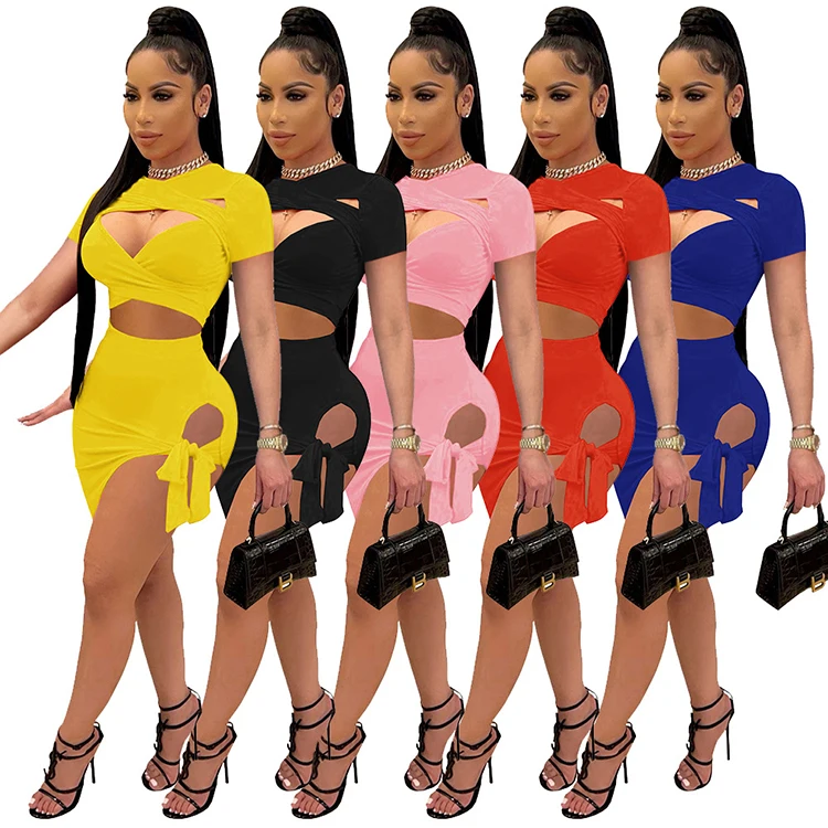 

HR8167 New Fashion Asymmetry Summer Skirt Bandage Skirt 2 Piece Skirt Sets Women