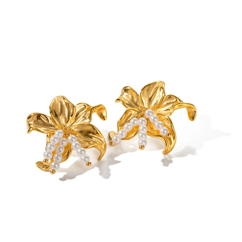 

Summer Style 18K Gold Plated Stainless Steel Flower Earring Starfish Shell Pearl Stud Earrings for Women