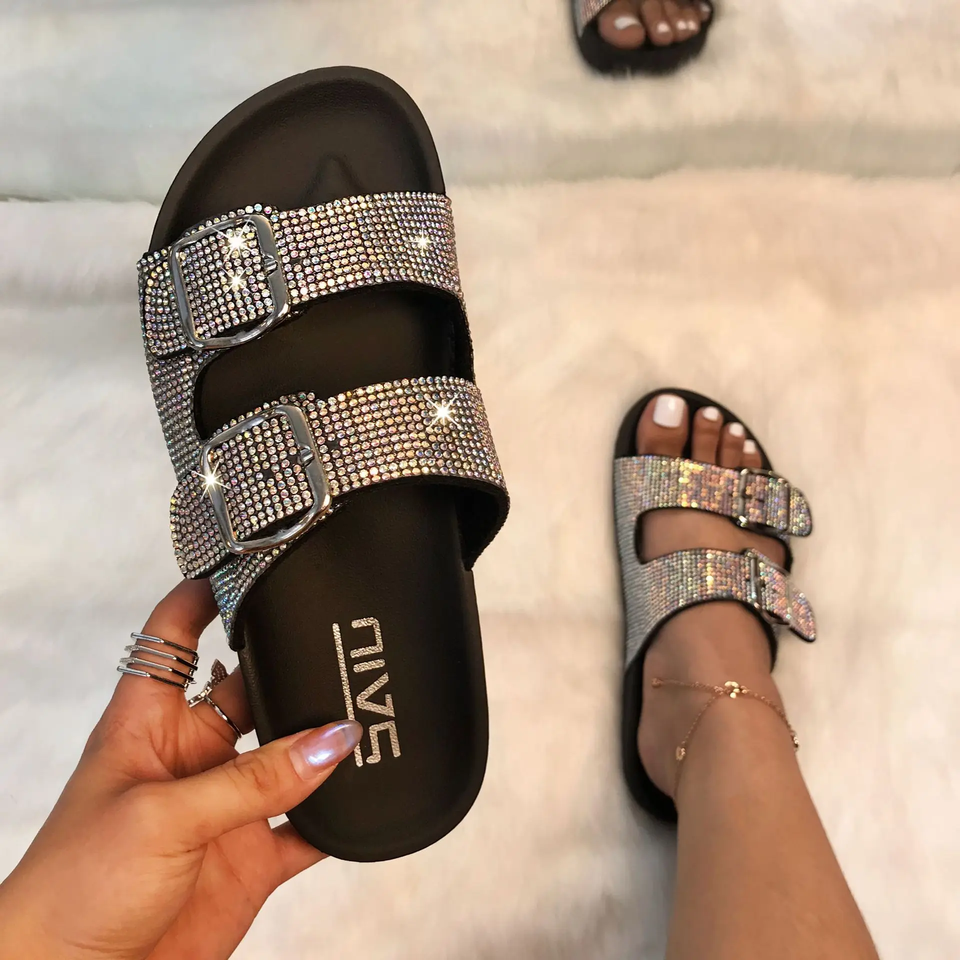 

JANHE Fahion Shining Diamond Luxury Rhinestone Buckle Selipar Beach Rainbow Fancy Bling Ladies Sandals Slippers Women Slides, As pictures