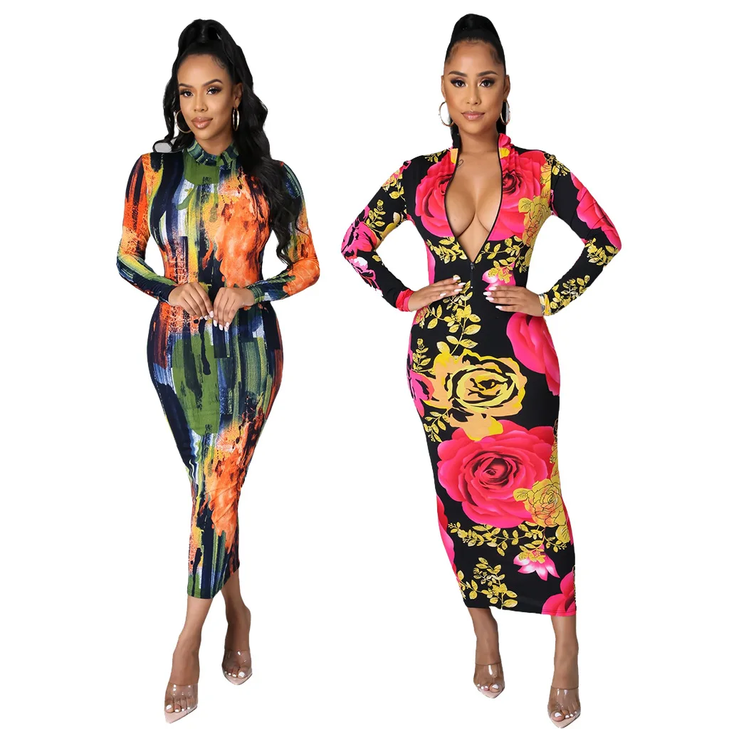 

H7764 - Bandage Fashion Printed Long Sleeve Dress Women