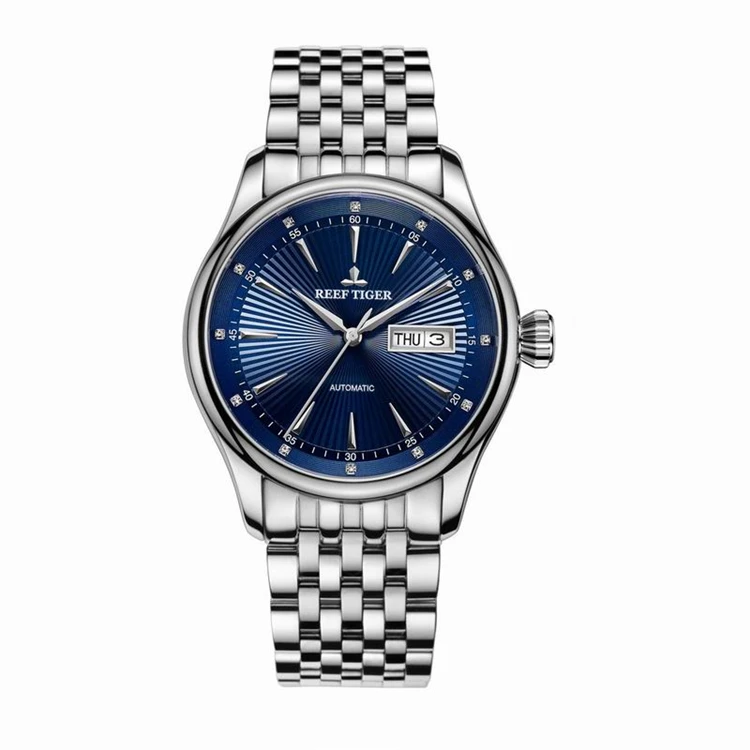 

REEF TIGER RGA8232G Luxury Dress Watch for Men Stainless Steel Bracelet Blue Dial Automatic Wrist Watches