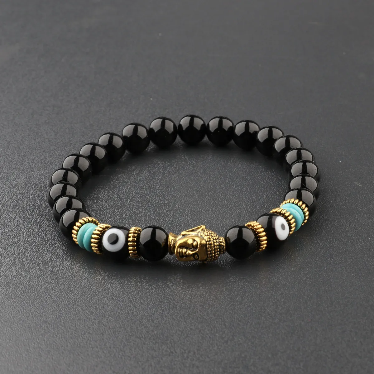 

Charm Buddha&Eye Bracelet Women 8mm Elastic Round Bright Black Stone Chakra Bracelets Men Erkek Bileklik Homme, Multi-colors