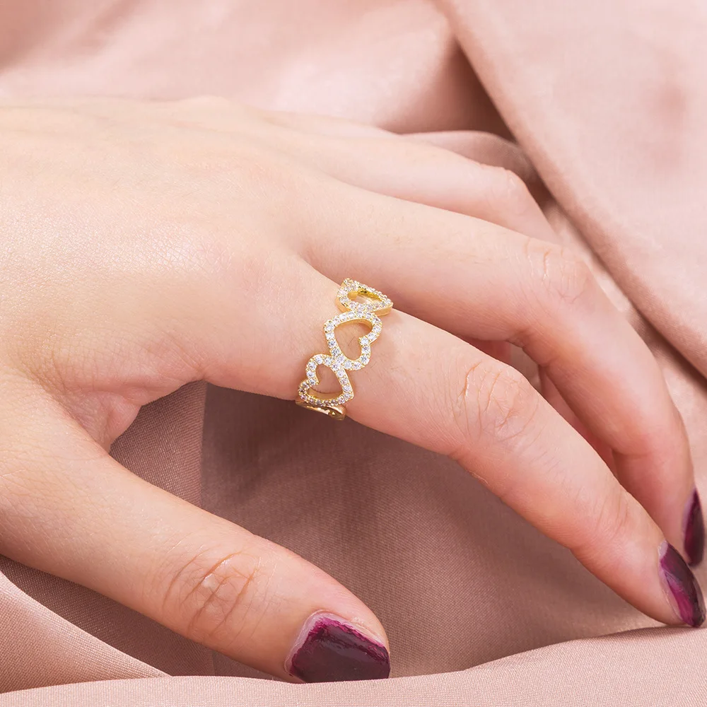 

Fashion Luxury Bling Gold Tone Hollow Cubic Zircon Heart Rings Adjustable Gold Color Zirconia Heart Rings For Women Wedding