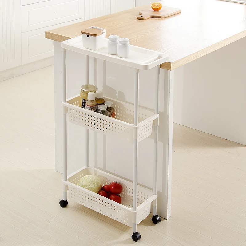 

3 Tier Mobile Shelving Unit Organizer Narrow Home Slide Out Tower Slim Kitchen Storage Racks with Three Basket, White