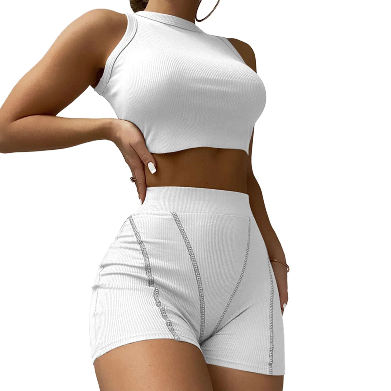 

Wholesale Spring Custom Round Neck Midriff Vest With Thread High Waist Two Piece Pants Set Women
