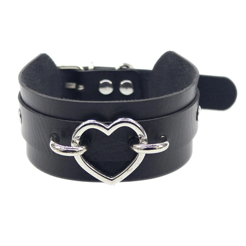 

fashion jewelry punk PU leather silver heart-shaped collar necklace choker (KNK5209), As picture