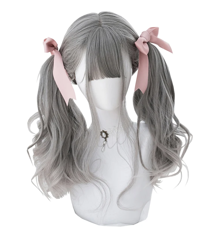 

Smoky Gray Gradient Light Gray Long Wavy Synthetic Hair Wigs Lolita Cute Sweet Japanese Cosplay JK Natural Daily Beauty Wigs, Pic showed