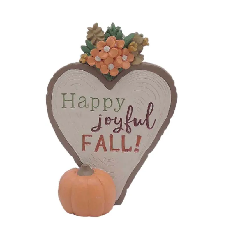 Pumpkins Statue And Flowers Beside The Heart-Shaped Resin Plate Words "Joyful" Farmhouse Fall Decor