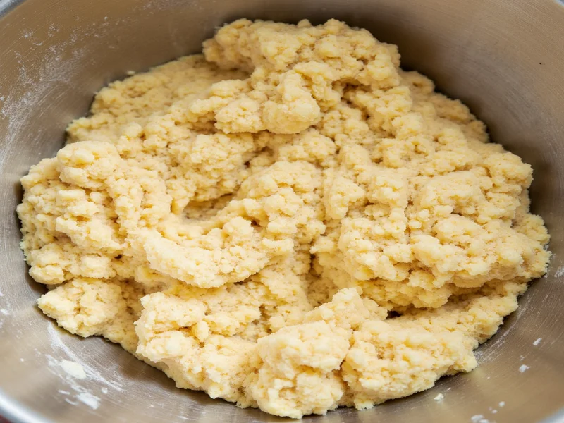 Shaggy pie dough texture in chilled mixing bowl