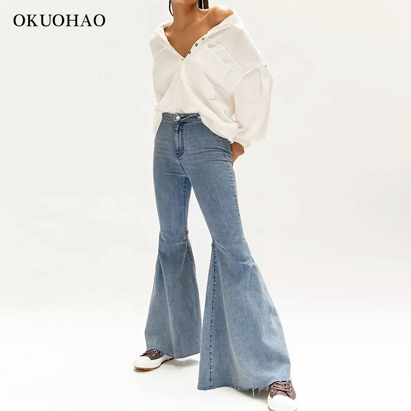 

Women's Stretch Flare Jeans 2021 Fashion Plus Size High Waist Retro Slim Fit Skinny Hip Denim Pants Bell Bottom Jeans, Bleached light blue washing