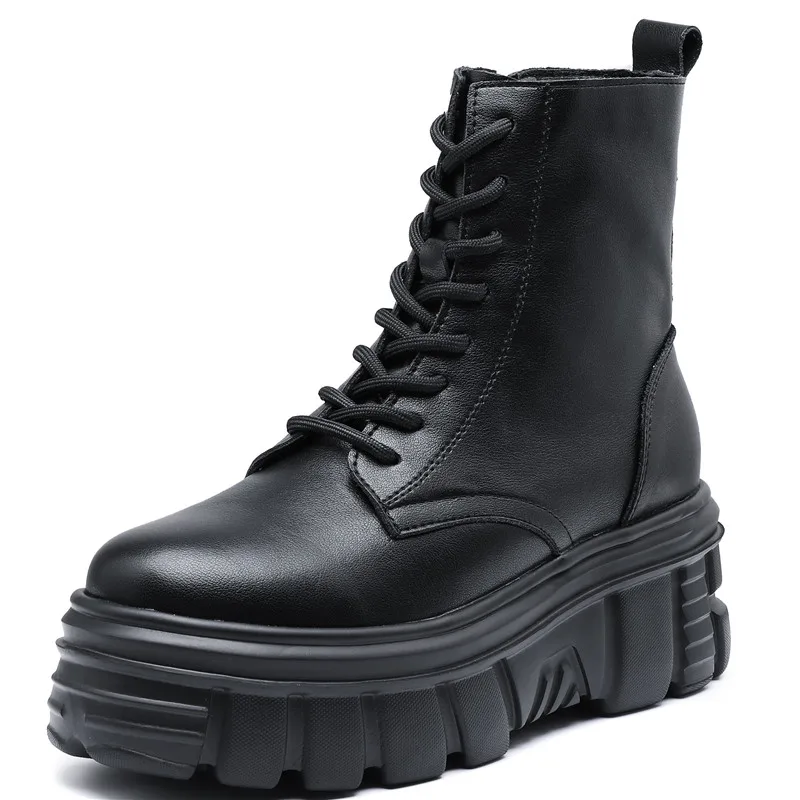 

2020 Genuine Leather Women's Platform Boots Designer Women Chunky Ankle Boots Zip Fashion Ladies Shoes Lace-Up Footwear
