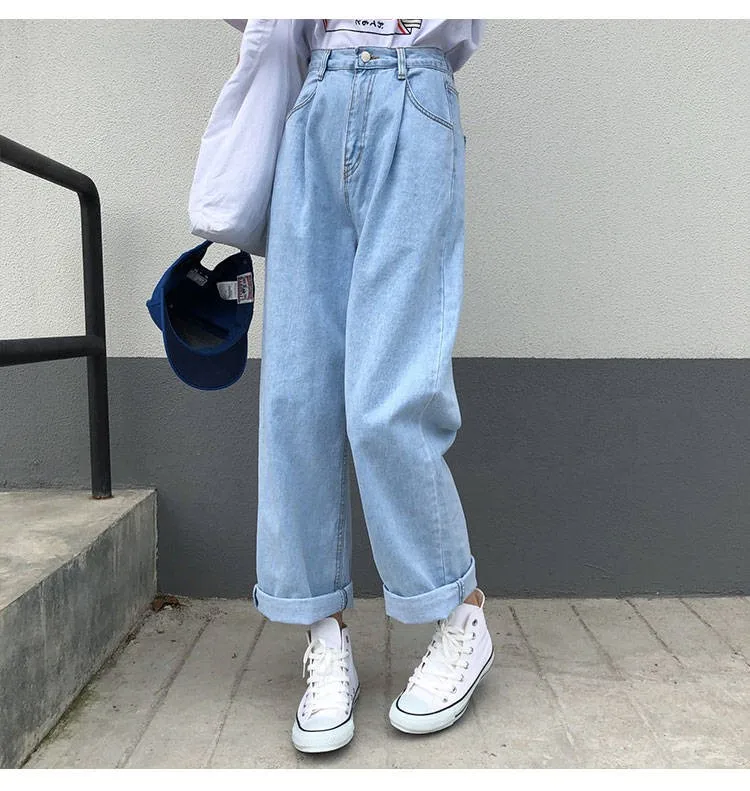 

Simple Students All-match Loose Fashion Harajuku Womens Chic Casual Jeans Women Solid Vintage High Waist Wide Leg Denim Trousers