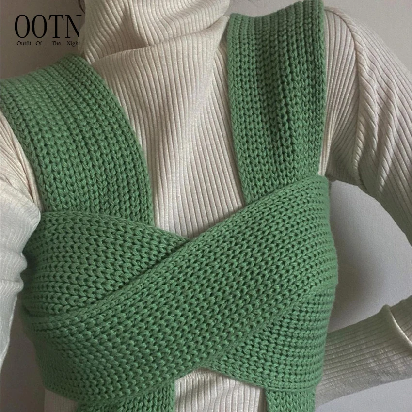 

OOTN Sweaters Sleeveless Pullover Female Bandage Sweater Solid Chic Fashion Top Women Fall Winter Knitted Crop Tops