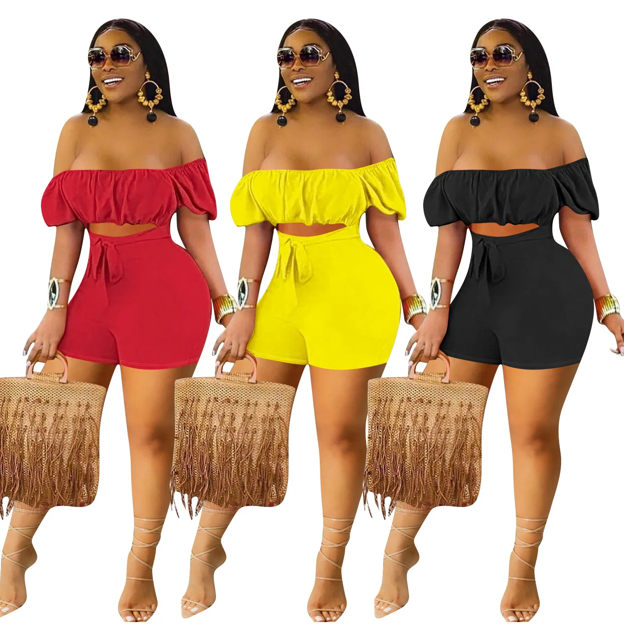 

2021 summer new arrivals solid color off shoulder lace-up 1 one piece pant short women casual clothes clothing rompers jumpsuit