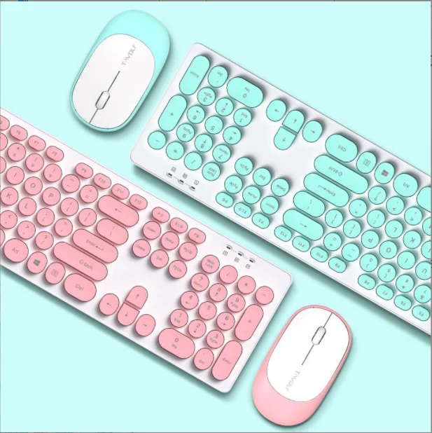 

Wholesale wireless keyboard mouse set office business games chocolate keys USB interface, Pink