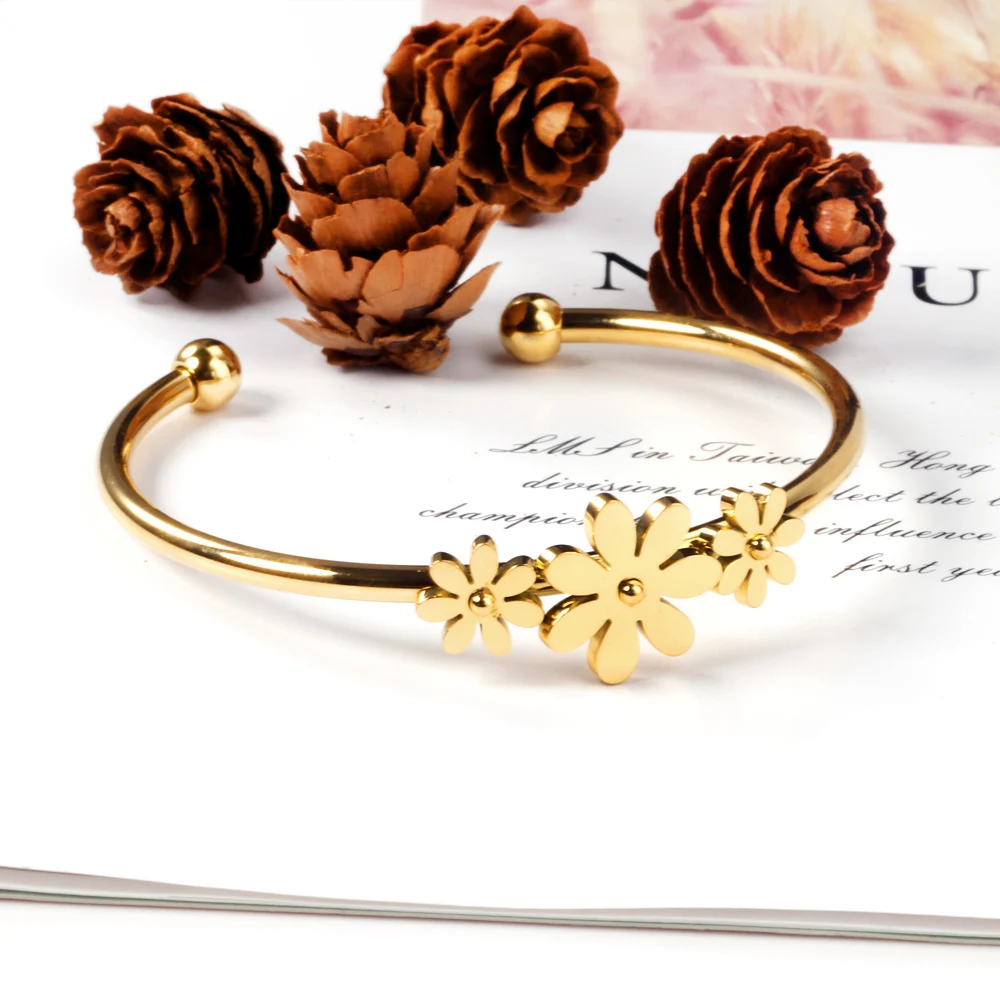 

Special Design Bracelet Women Wedding Jewelry Stainless Steel Flower Gold Open Bangle, Gold/silver/mix available