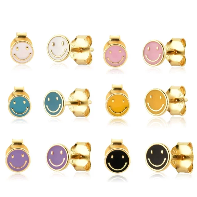 

Gold Plated Enamel Colorful Smile Smiley Face Charm Stud Earrings Cute Girl Simple Jewelry, Picture