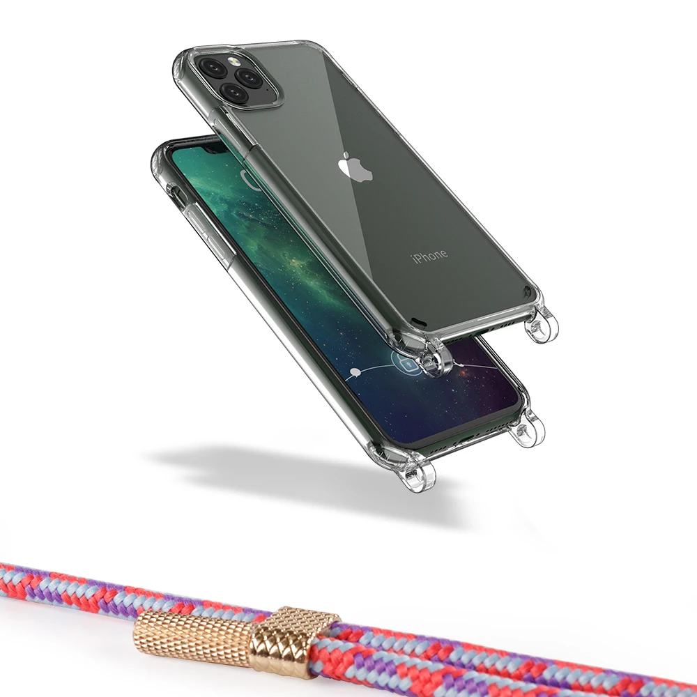 

Safe And Stylish Adjustable Nylon Neck Strap Soft TPU Transparent Clear Shockproof Custom Phone Case For iPhone 12 pro