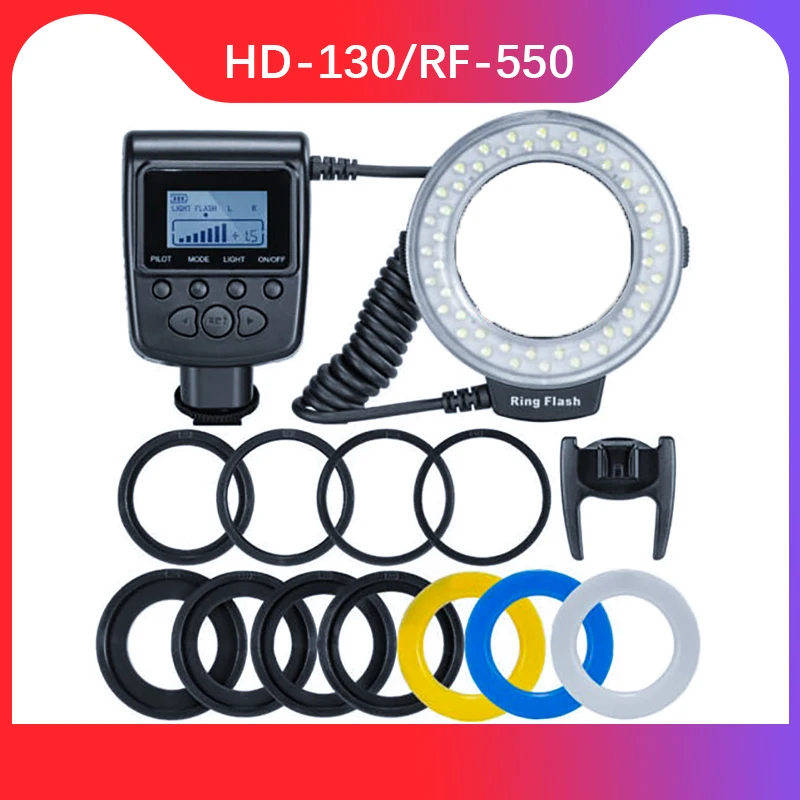 

RF-550D 48pcs Macro LED Ring Flash Bundle with 8 Adapter Ring for Canon Nikon Pentax Olympus Panasonic DSLR Camera Flash V HD130