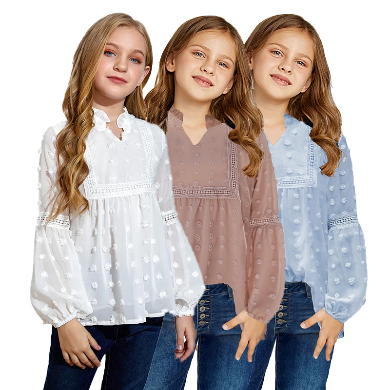 

2021 New Fall Split Neck Swiss Dot Little Kid Girl Puff Long Sleeves White Blouse