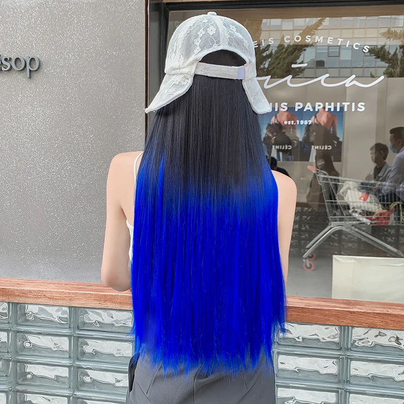 

Long Silky Straight Wave Cap Wigs Costume Cosplay Baseball Cap Curly Hat Synthetic Colorful Wig, Customized colors