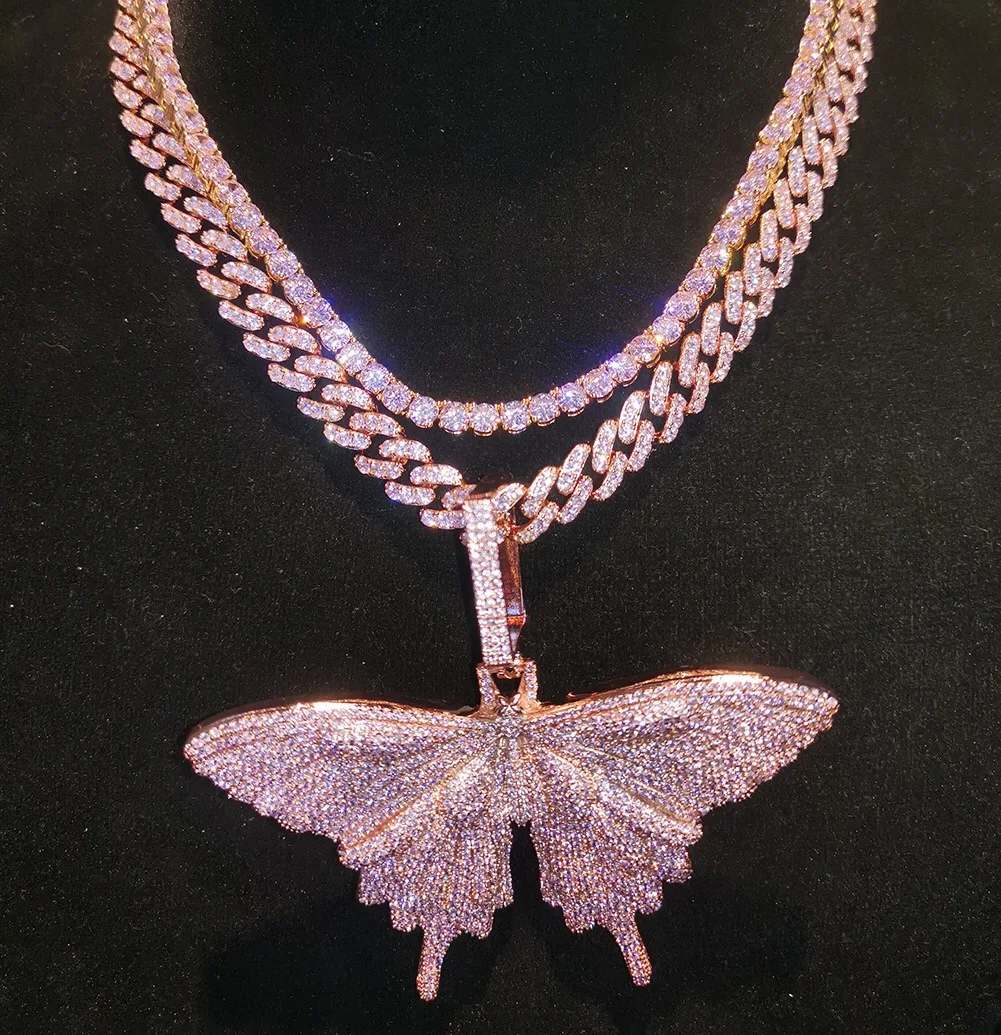 Hip Hop Men Cz Diamond Pink Butterfly Cuban Link Chain Tennis Necklace