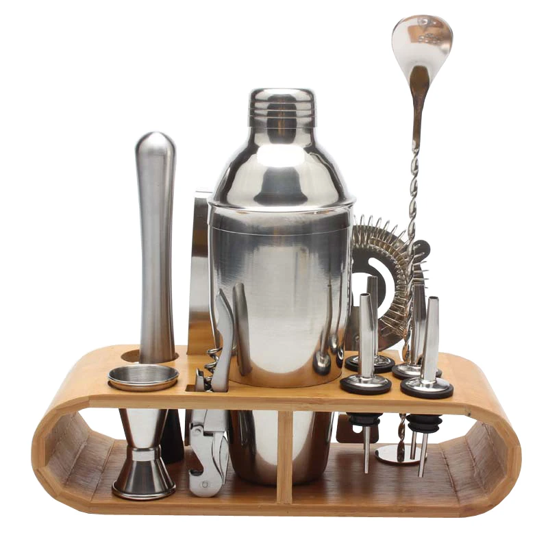 

Wholesale Amazon Hot Selling High Quality Custom Logo Stainless Steel Cocktail Set Wooden Stand Base Cocktail Set 12 Piece Set