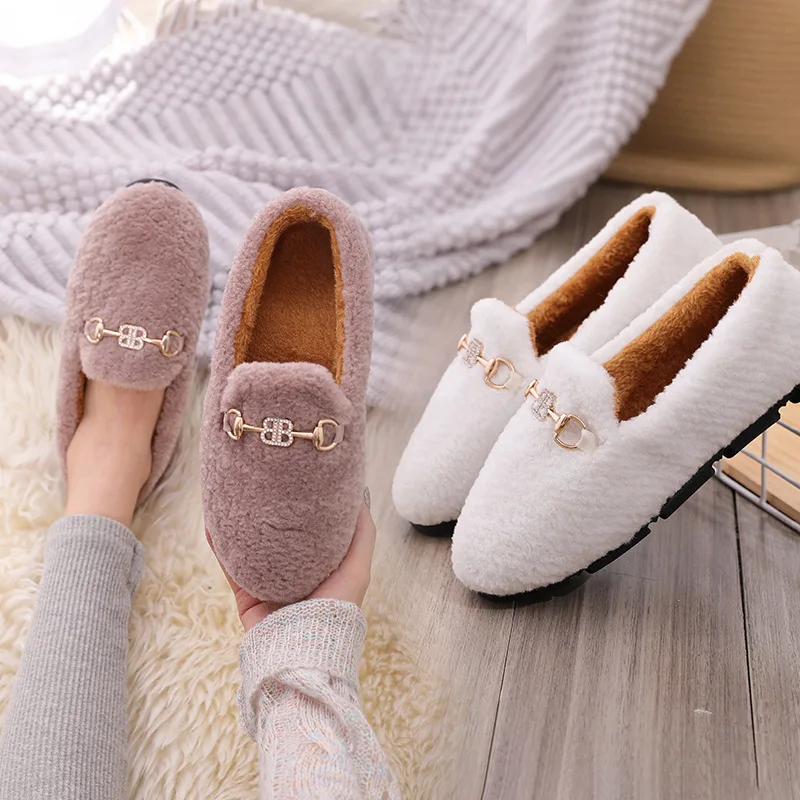 

winter ladies slip on fluffy material soft plush sole flat casual warm furry shoes fashion lady shoes for women, Red ,pink ,black ,white