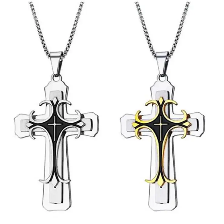 

2020 Korean Jewelry AliExpress Titanium Steel Stainless Steel Retro Layered Cross Necklace Pendant Gold