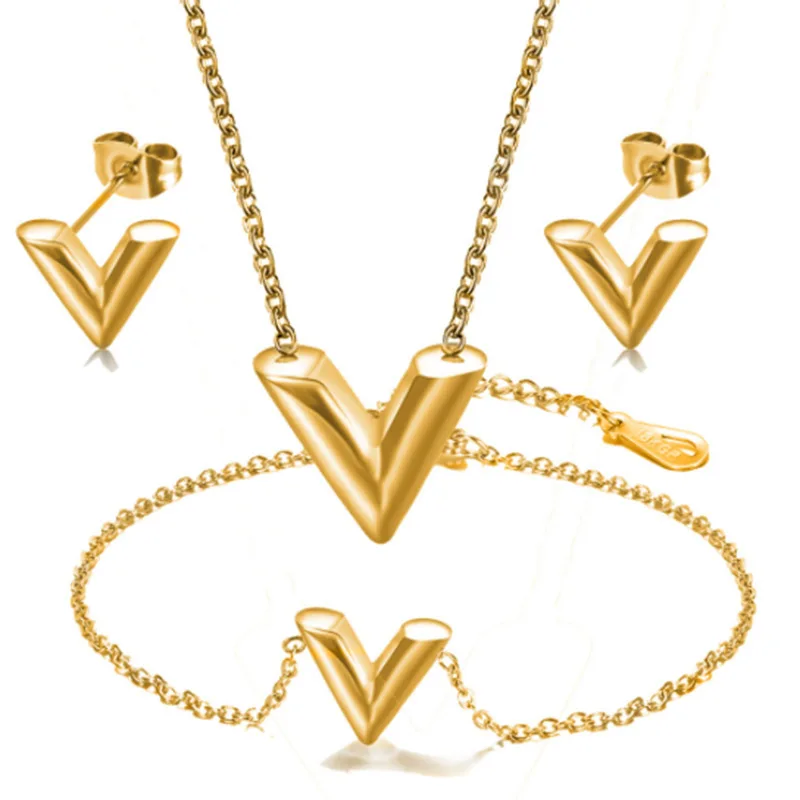 

2022 New Trendy V Letter Pendant Necklace Waterproof Gold Silver Rose Gold V Shape Stainless Steel Necklace Jewelry