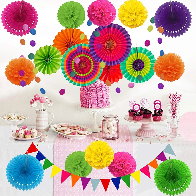 Blulu 12 Pieces Paper Fans Colorful Fiesta Hanging Paper Fans for Cinco De Mayo Birthday Carnival Party Decorations 