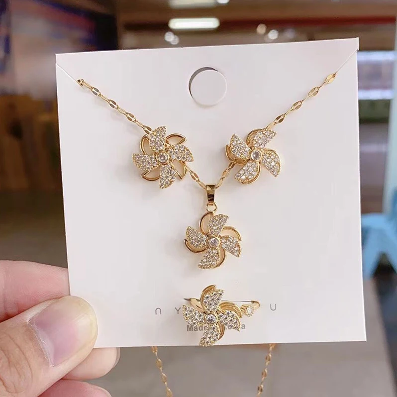 

Fashion Women Stainless Steel Jewelry Sets Rotate Windmill Pendant Earrings Ring Cubic Zirconia Jewelry Set, Gold