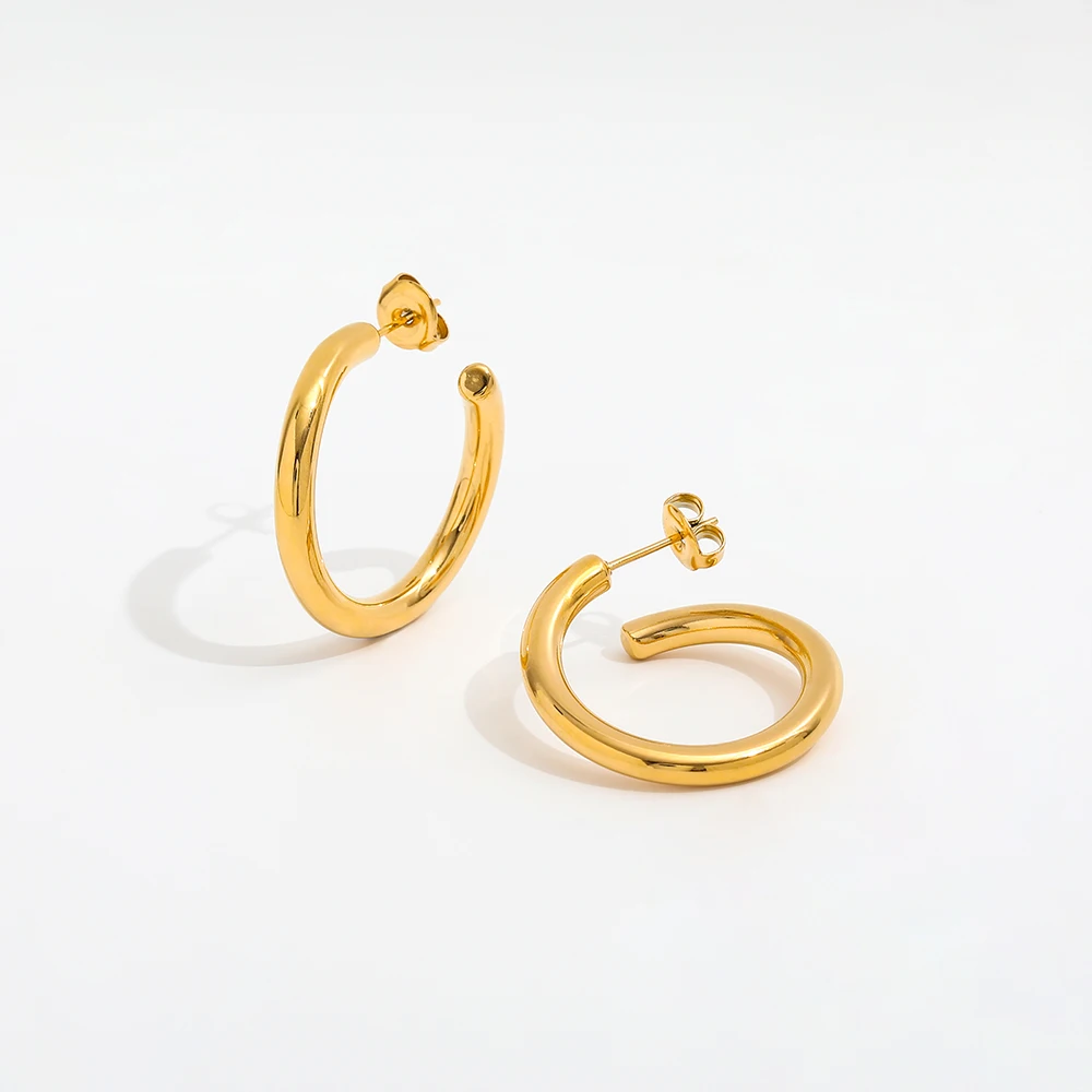

JOOLIM Jewelry PVD 18K Gold Plated Round Lines C Hoop Earring Stainless Steel Jewelry Fashion Jewelry