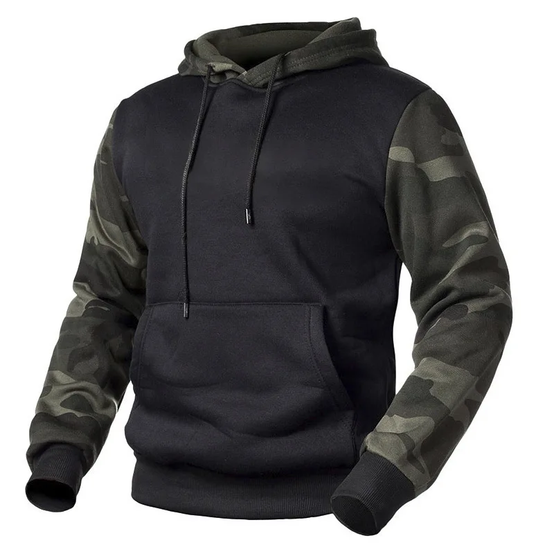 Top Quality Mens Woobie Hoodie Street Wear Camouflage Patchwork 100% Cotton Fleece Custom Logo Cheap OEM Pullover Sweatshirt