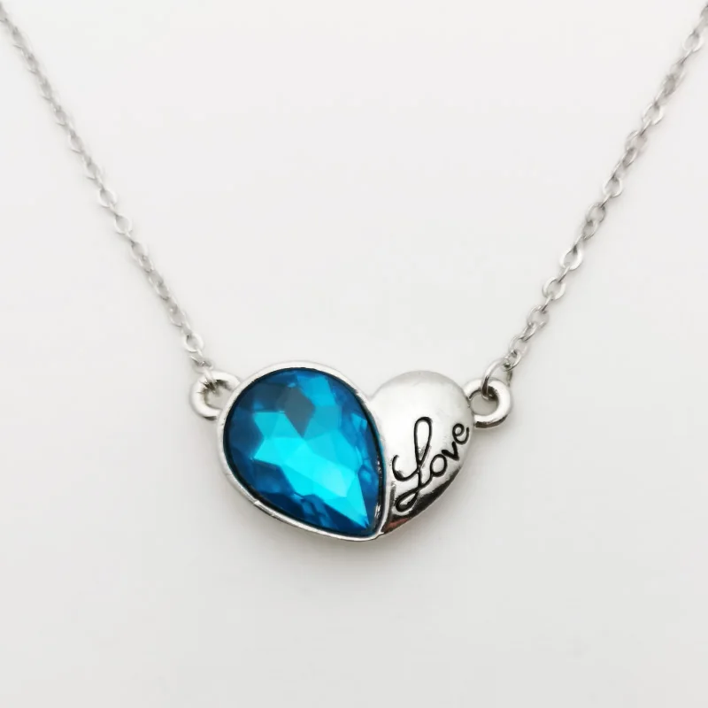 

Silvertone Blue Crystal Heart Pendant with Word Metal Chain 18Inch Assorted Color Crystal Great Gift for Her Low Cost