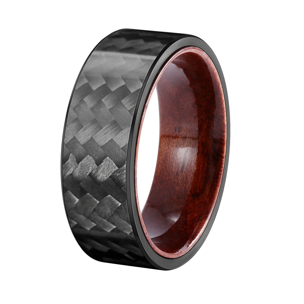 POYA Black Twill Carbon Fiber Ring Rosewood Sleeve Inlay 8mm  Woven Pattern Mens Wedding Band