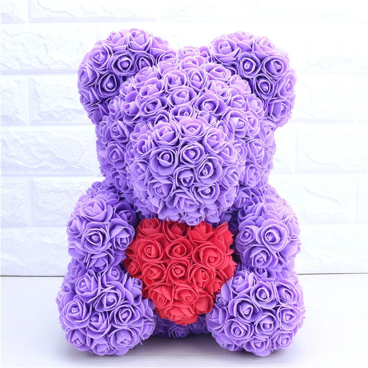 purple rose bear with box