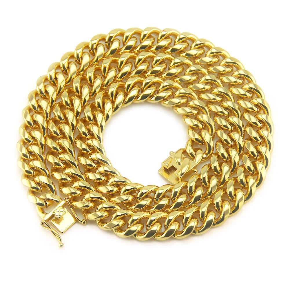 

European 15mm 8-30'' Men's Gold Plating Hip Hops Cuban Chain Necklace Glaze Miami Cuban Link Chain Necklace
