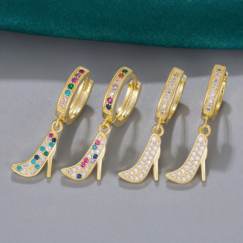 

High Quality Design Gold Plated High Heel Drop Earrings Rainbow Cubic Zircon High Heel Earring