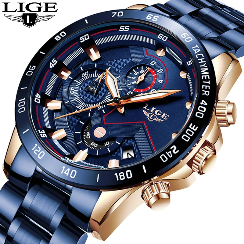 

LIGE 9982 Men Watch Luxury Brand Stainless Steel Quartz Wrist Watch Chronograph Army Military Watches Relogio Masculino, 9 colors