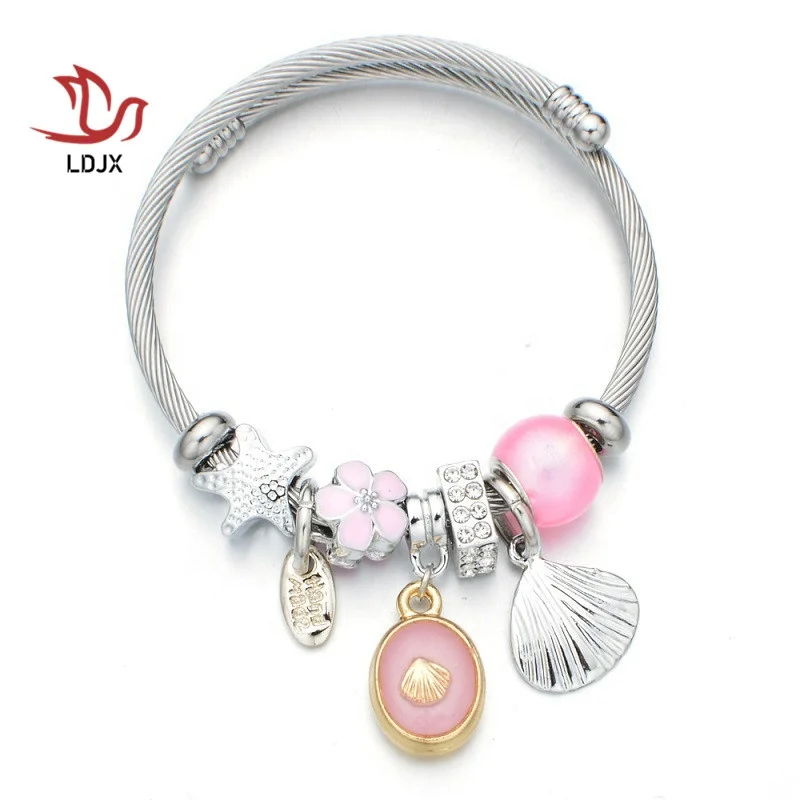 

LDJX Silver Bracelet Modalen New Designer Pink Crystal Stainless Steel Bangle Charm Bracelet