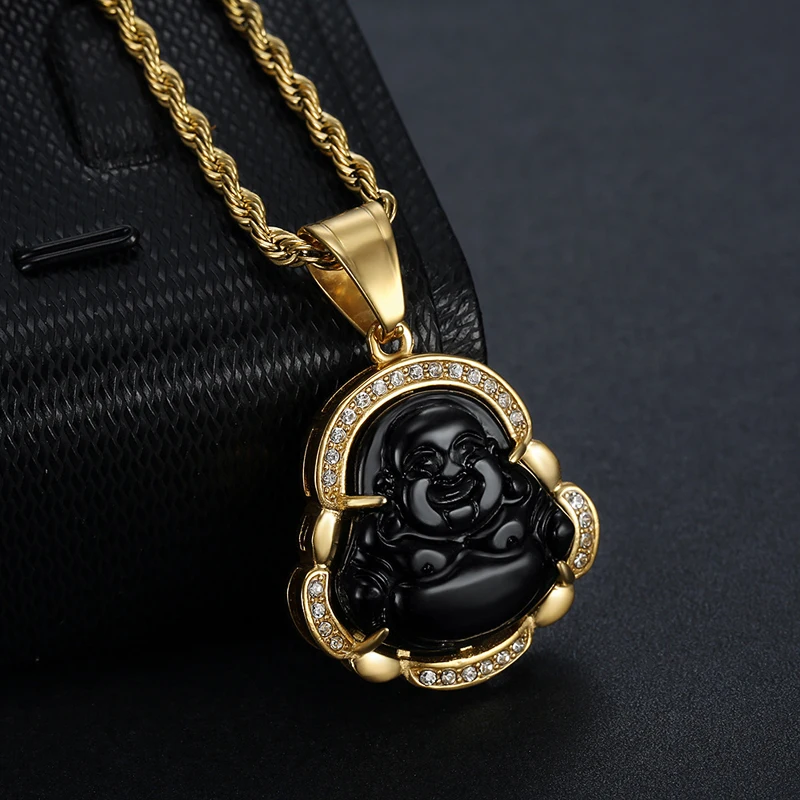 

Blues RTS Gold Plated Stainless Steel Gemstone Obsidian Buddha Pendant Jewelry With Stainless Steel Rope Chain