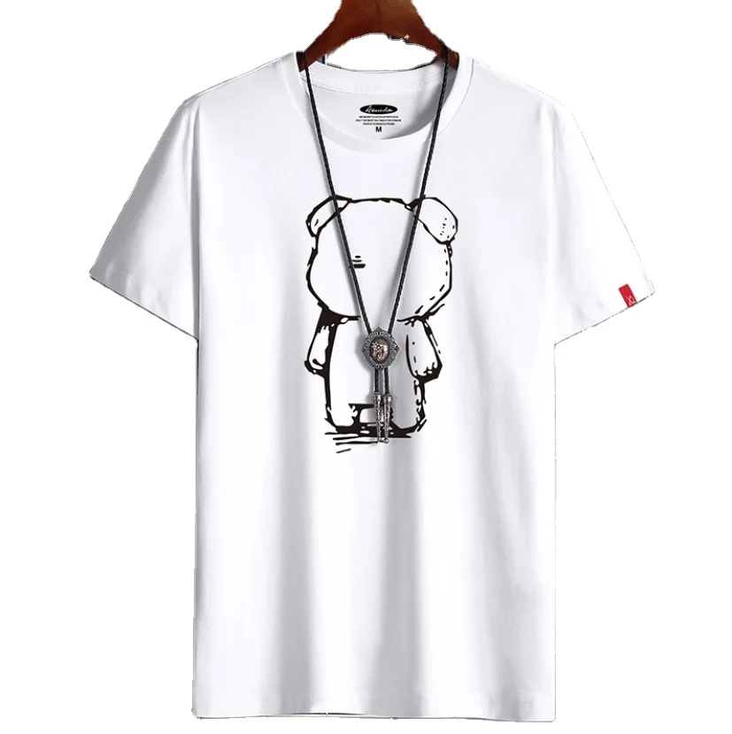

soft white short sleeve t-shirts for men 100% combed cotton with bear cartoon