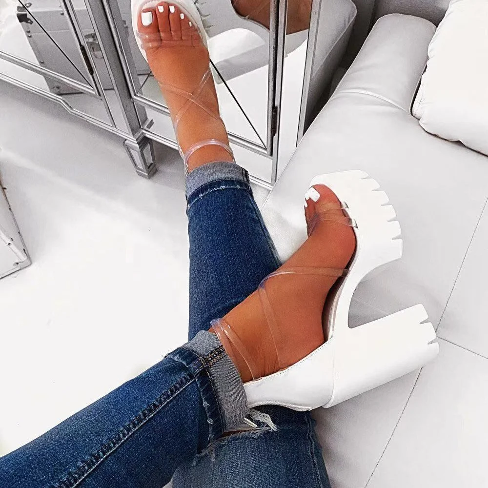 

2021 New Arrivals Women Chunky Heel Platform Casual Transparent Sandals Ladies Square Slides Footwear Sexy Women High Heel Shoes