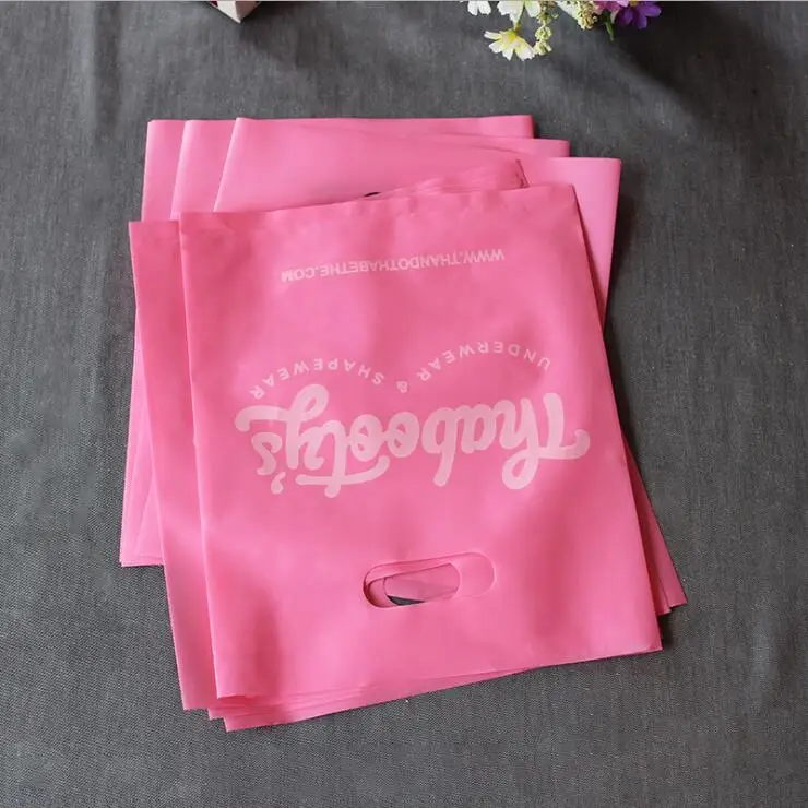 
customized plastic bags printed own logo, biodegradable plastic bags pink die cut handle 