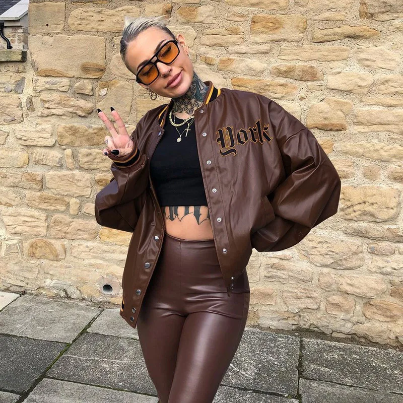 

2021 new Fashion Winter woman Long Sleeve Loose Embroidered Letters Coat leather jacket outdoor for women, Picture