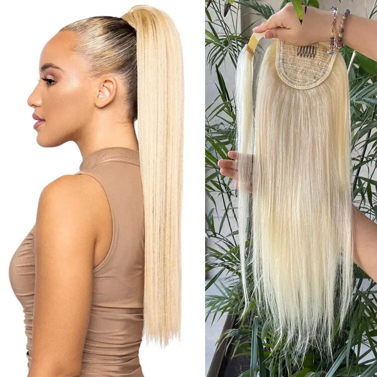 

Silk Straight Wrap Ponytail Human Hair Remy 613 European Ponytail Hair body wave 100% Natural blonde Ponytail Clip in Extensions