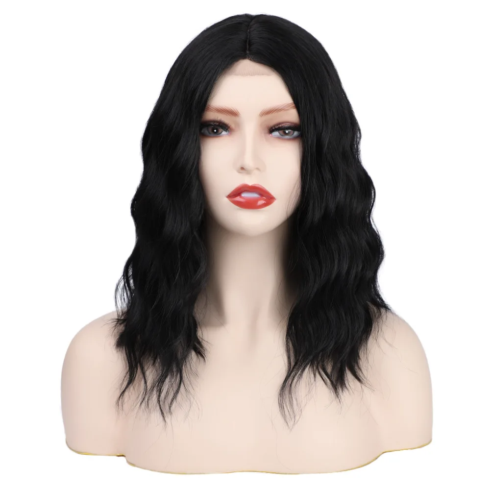 

Fashion European and American Black Mid Long Water-rippled Curled Wigs With Before Lace, See details