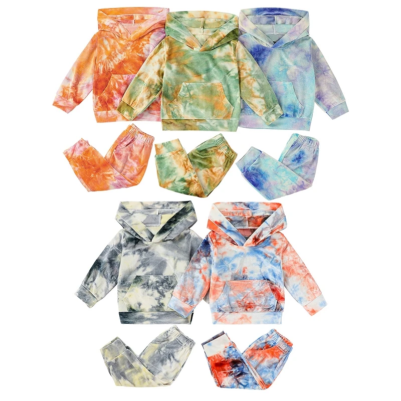 

Baby Velour Tie Dyed Clothing Sets Girls Pockets Hooded Sweater Top two piece pants set M77
